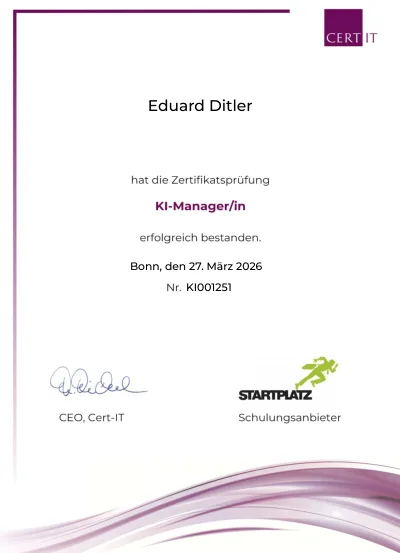 Cert-IT AI Manager certificate for Eduard Ditler